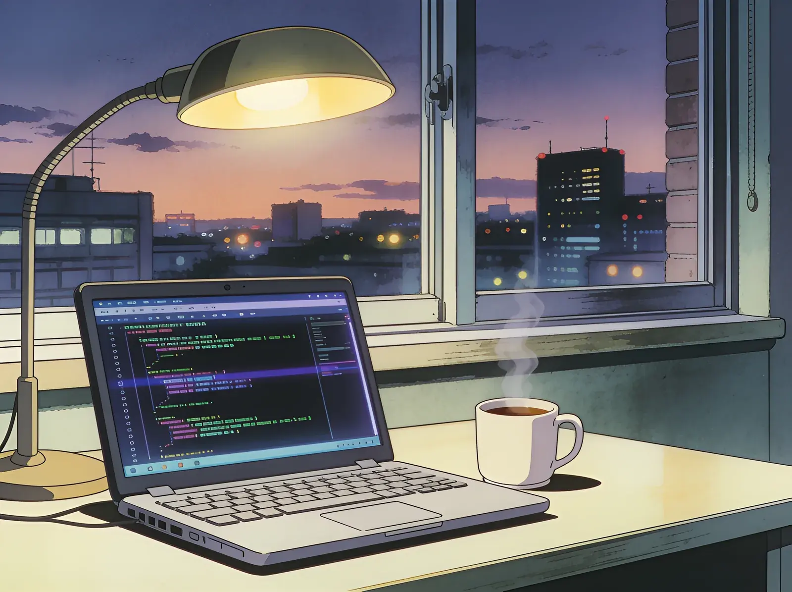 A desk by a window at dusk with an open laptop showing a code editor